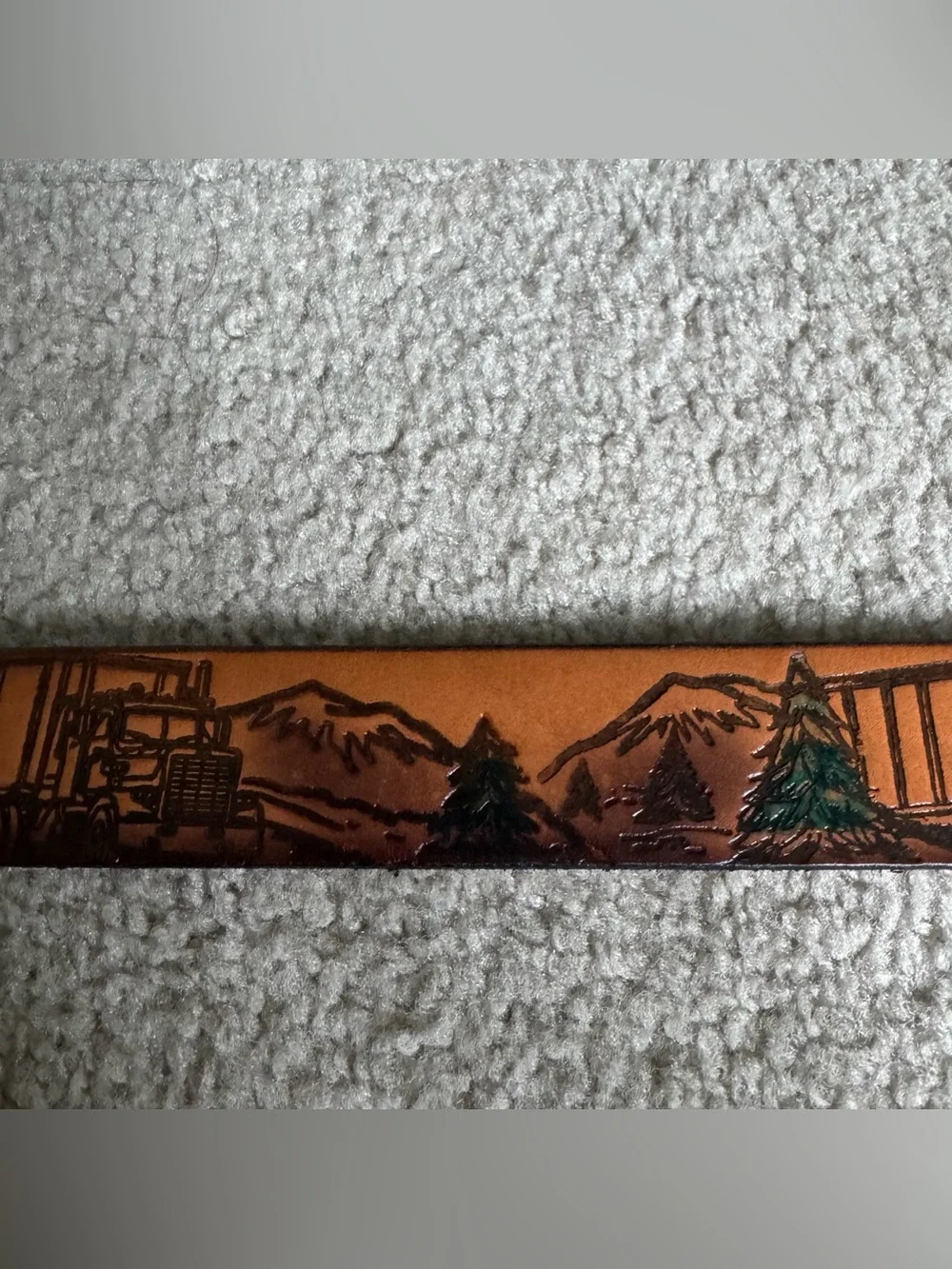 Trucker Mack / Semi Truck Mountain Outdoors Scene Brown Vintage Leather Belt